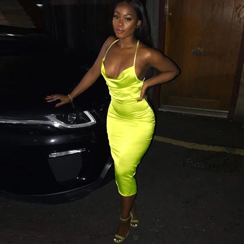 Satin Lace-Up Bodycon Midi Dress