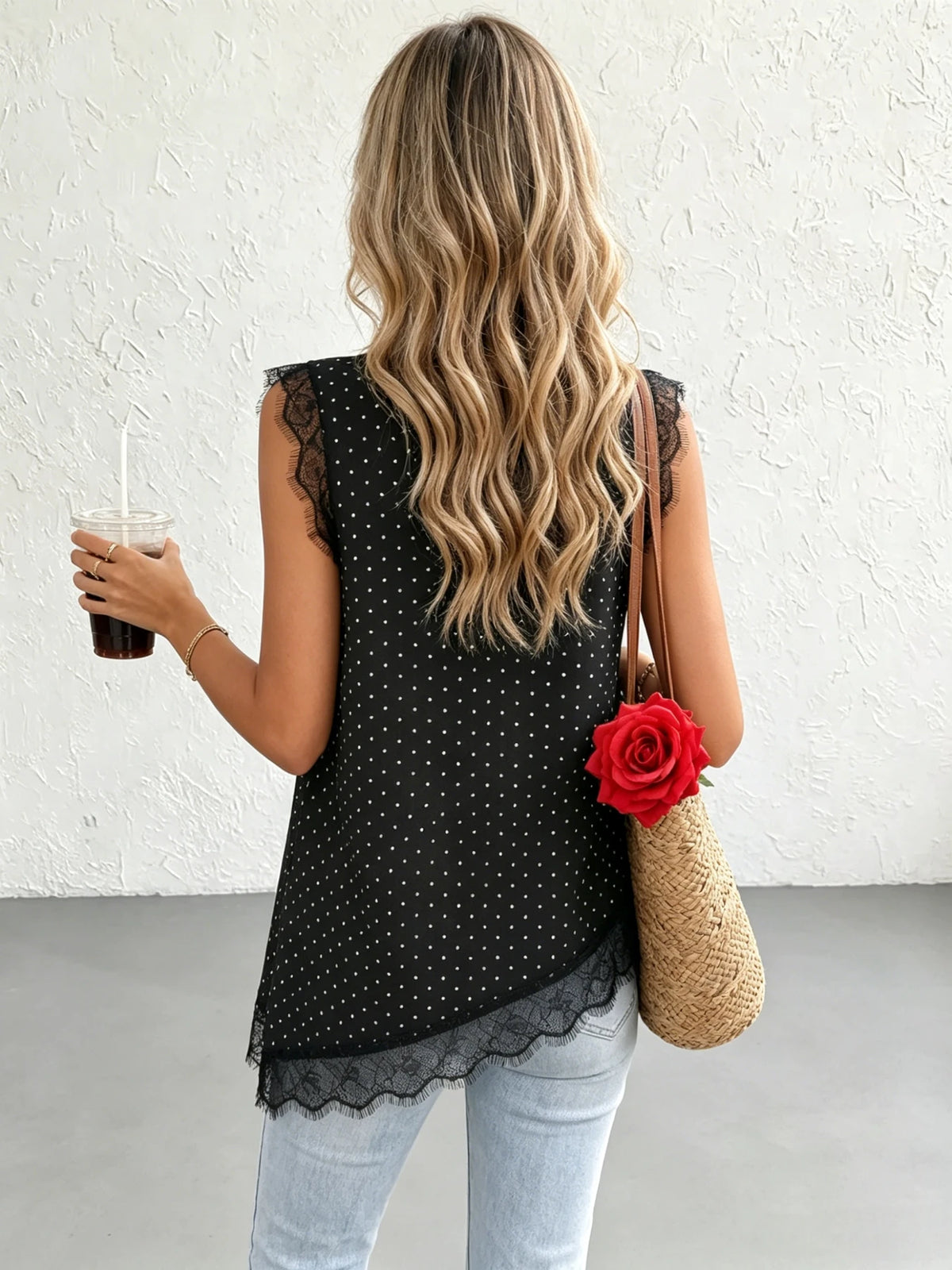 Polka Dot Lace-Trim Tank Top
