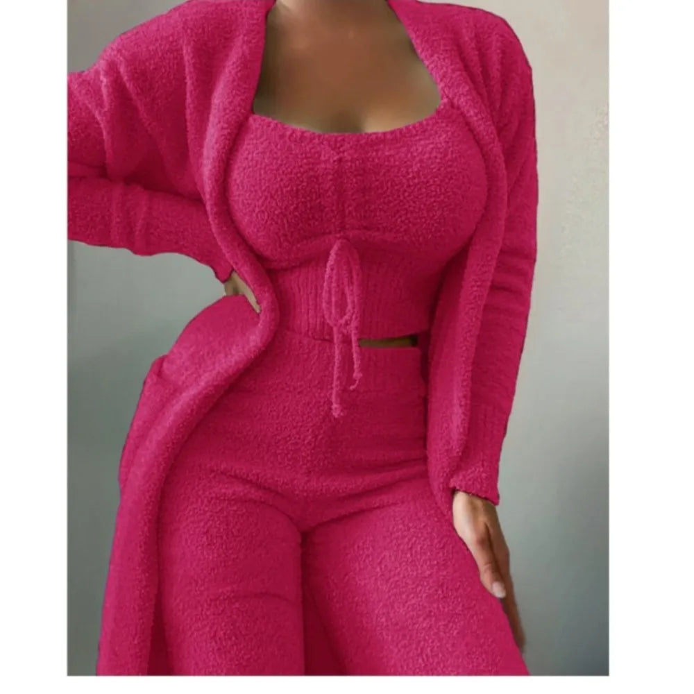 Women’s Plush Lace-Up Cardigan 3-Piece Trouser Set