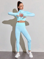 Polyester Long Sleeve True-To-Size Fit Two-Piece Yoga Set