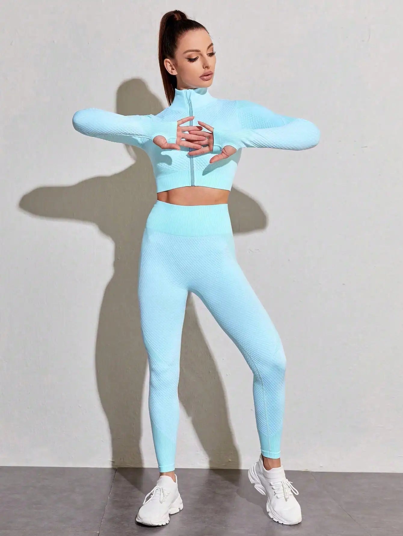 Polyester Long Sleeve True-To-Size Fit Two-Piece Yoga Set
