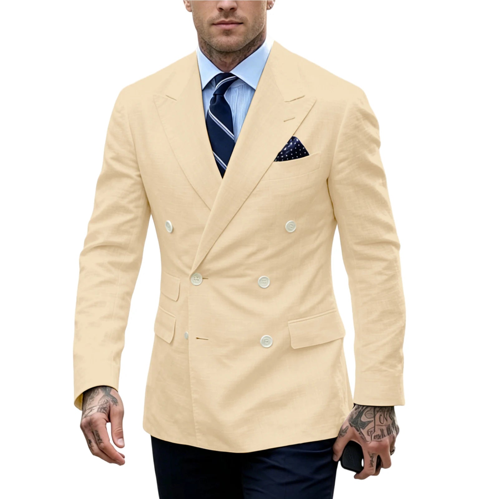Linen Double-Breasted Slim Tuxedo Blazer