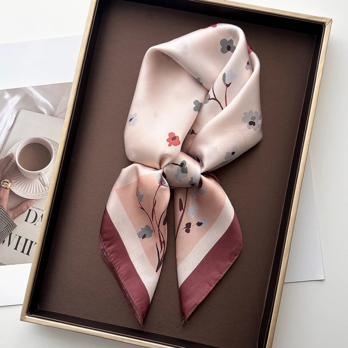 Elegant Floral Satin Square Scarf
