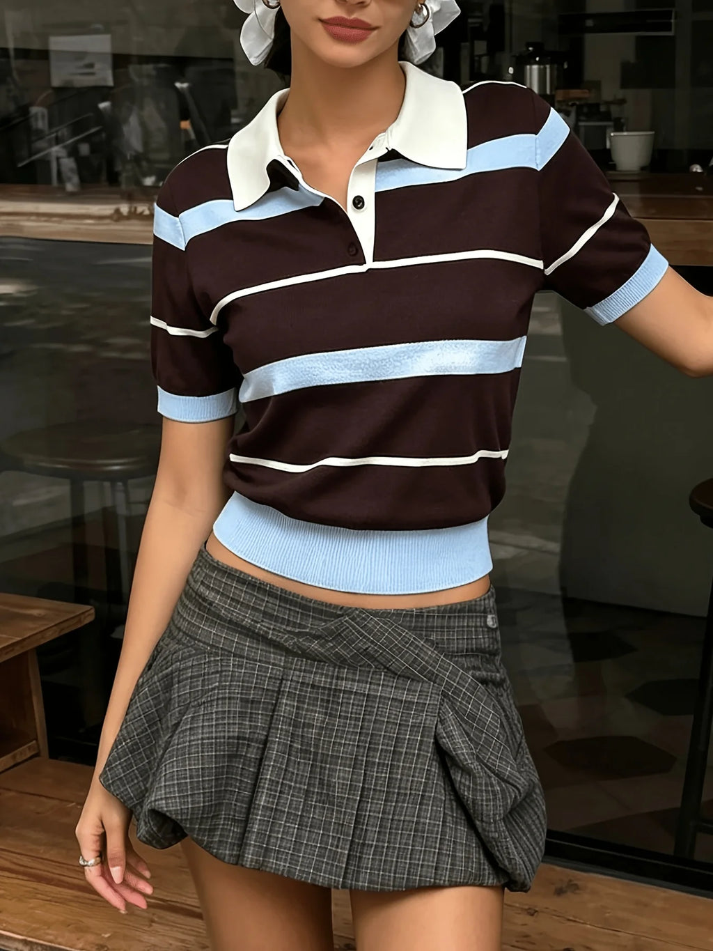 Striped Polo Knit Top