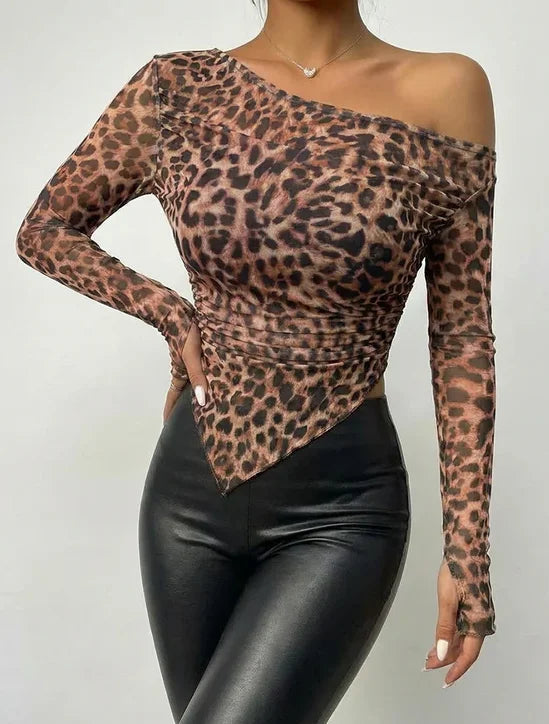 Polyester Leopard Print Long Sleeve Top