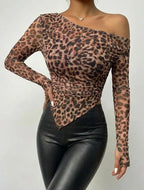 Polyester Leopard Print Long Sleeve Top