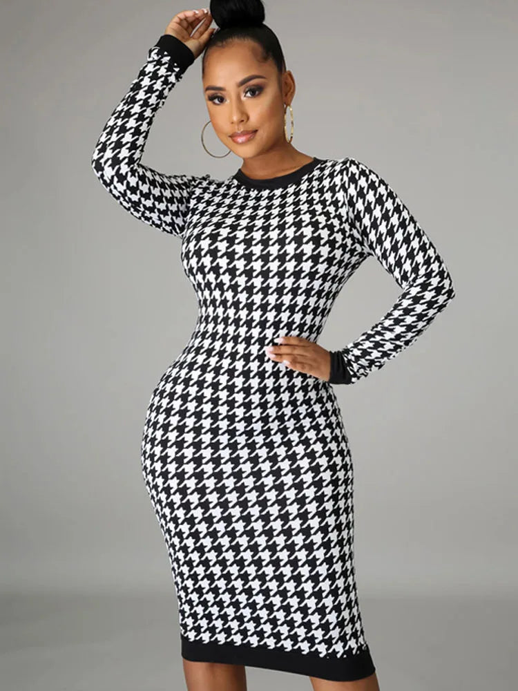 Houndstooth Bodycon Midi Dress