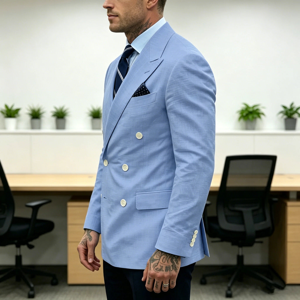 Linen Double-Breasted Slim Tuxedo Blazer