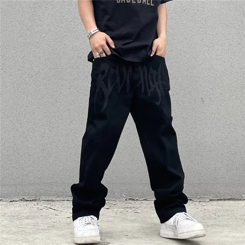 Embroidered Letter Loose Hip-Hop Jeans