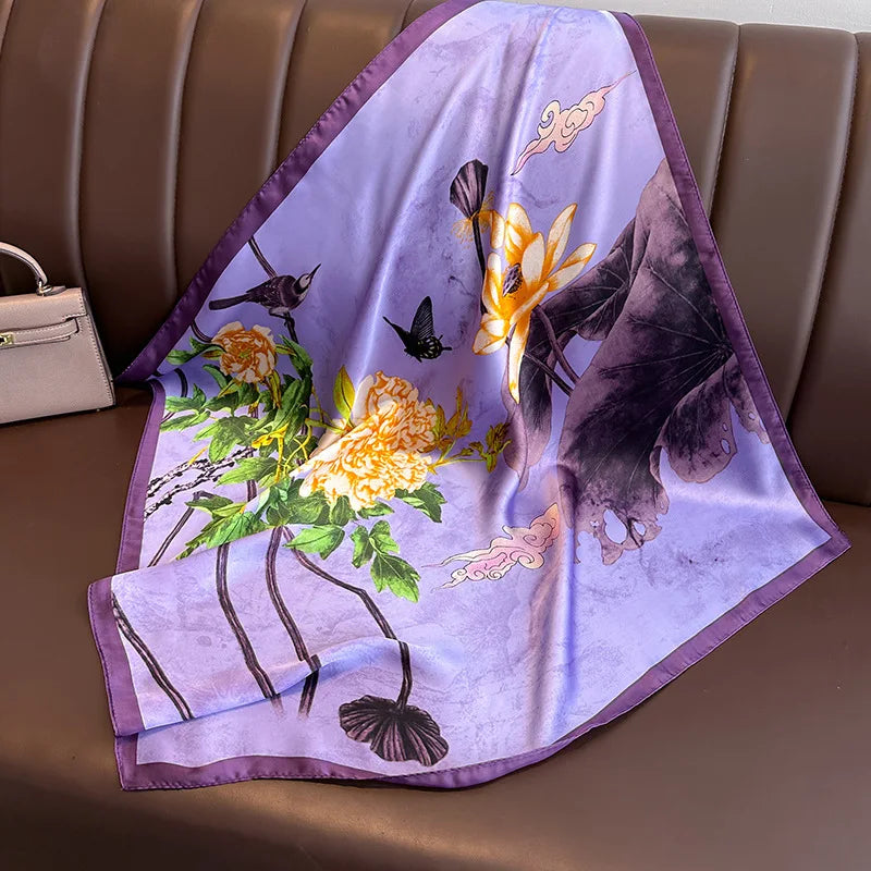 Purple Floral Satin Square Scarf