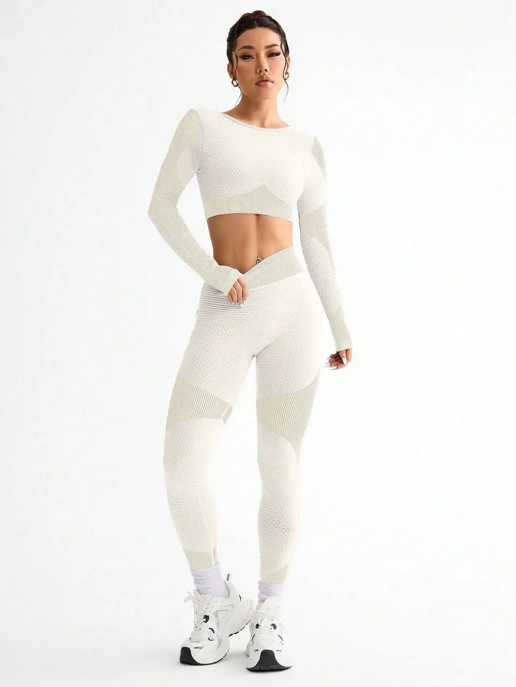 Polyester Striped Three-Quarter Sleeve Two-Piece Yoga Set