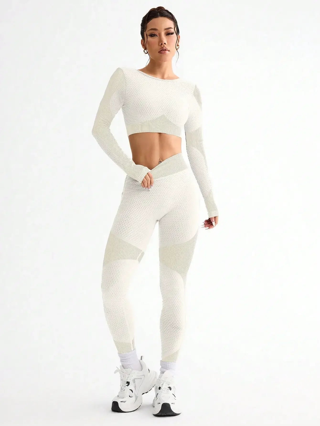 Polyester Striped Three-Quarter Sleeve Two-Piece Yoga Set