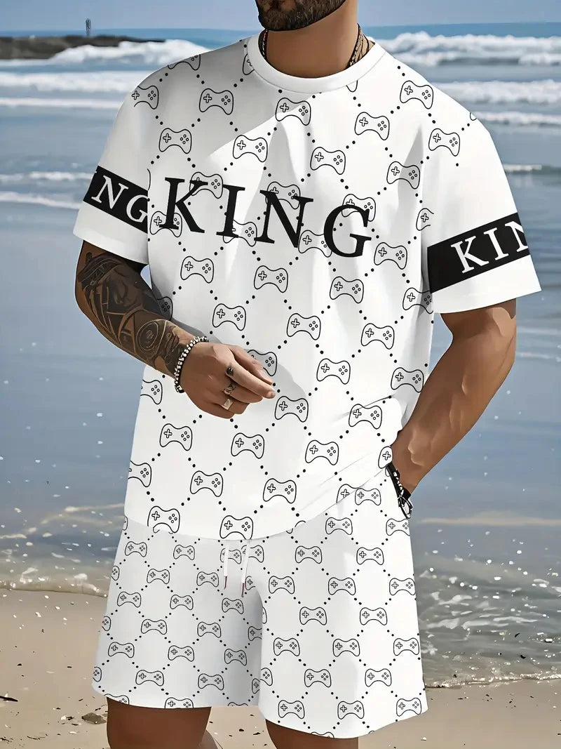 Letter Print Elastic Waist Shorts Set