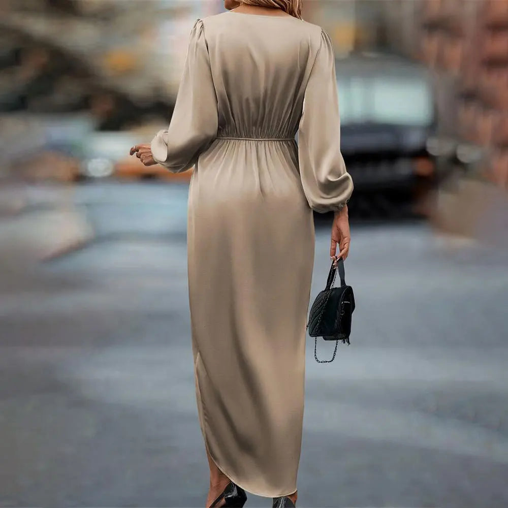 Draped Satin Long-Sleeve Maxi Dress