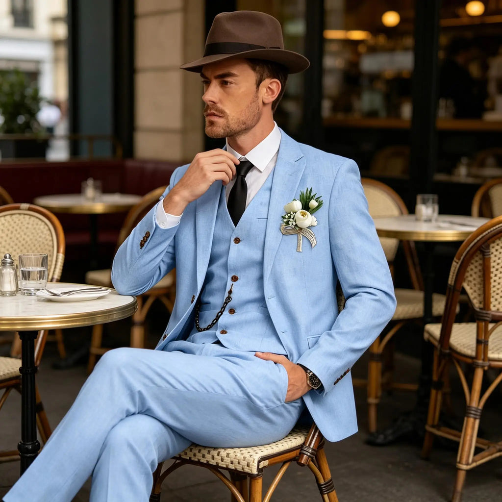 Three-Piece Linen Notch-Lapel Suit