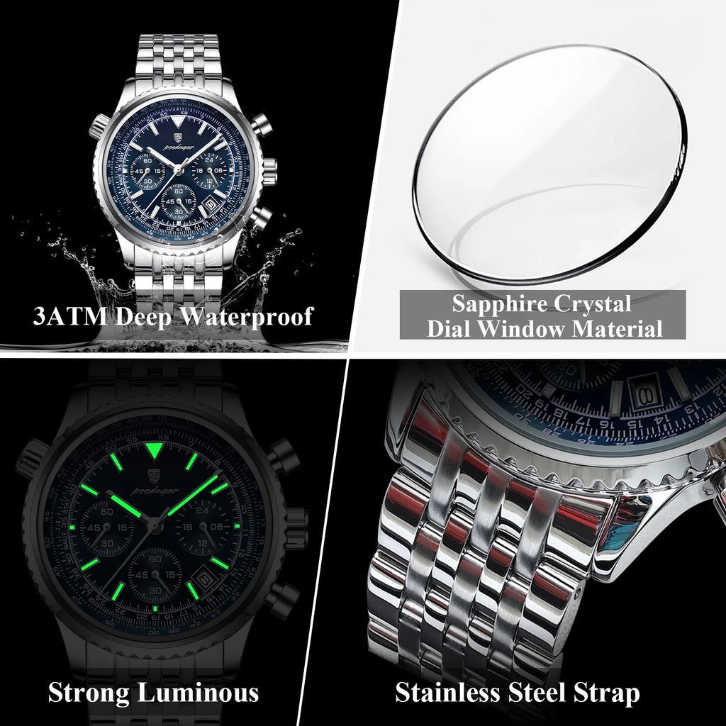 POEDAGAR Business Blue Steel Watch