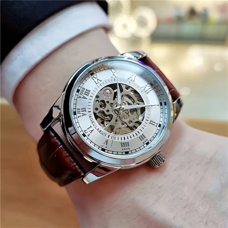AOKULASIC Skeleton Leather Automatic Watch