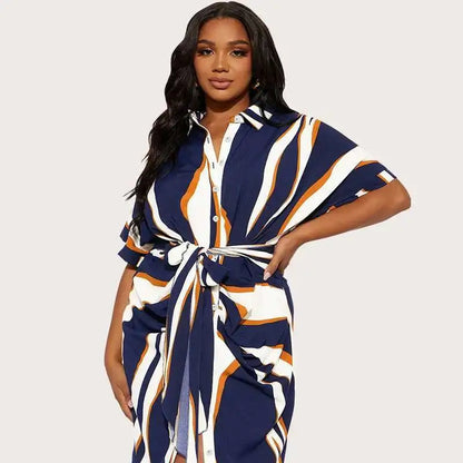 Plus Size Women's Striped Lapel Dress