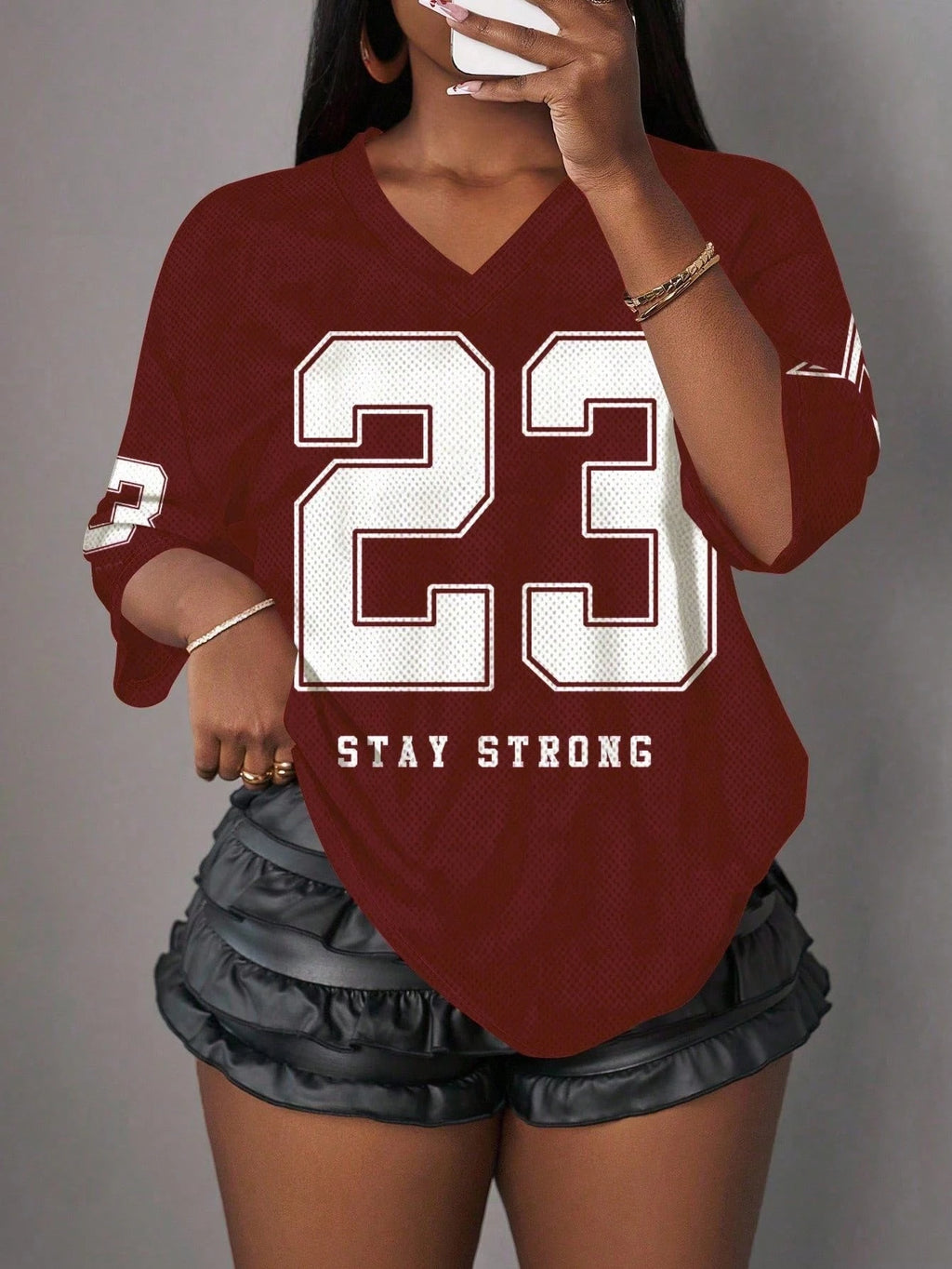 Blended Letter Print V-Neck True-To-Size Fit T-Shirt