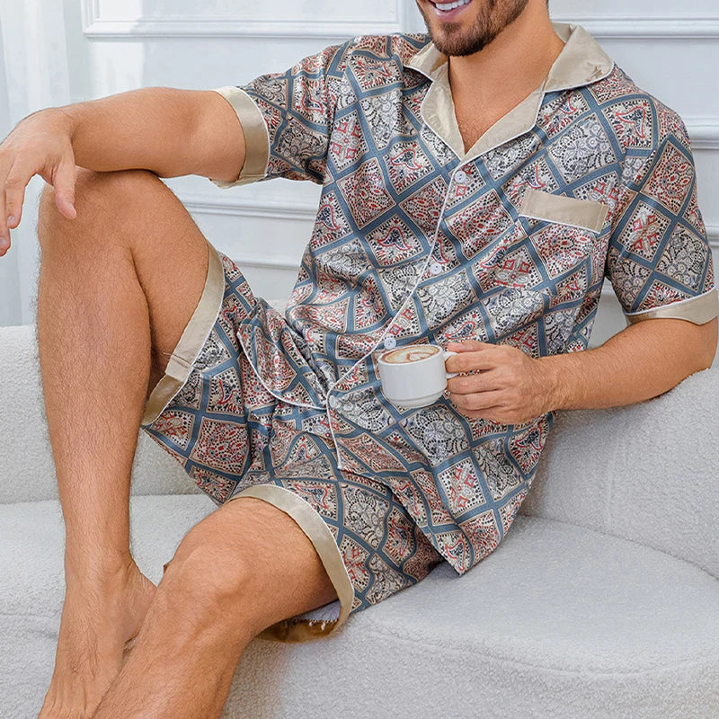 Plaid Lapel Pajama Shorts Set