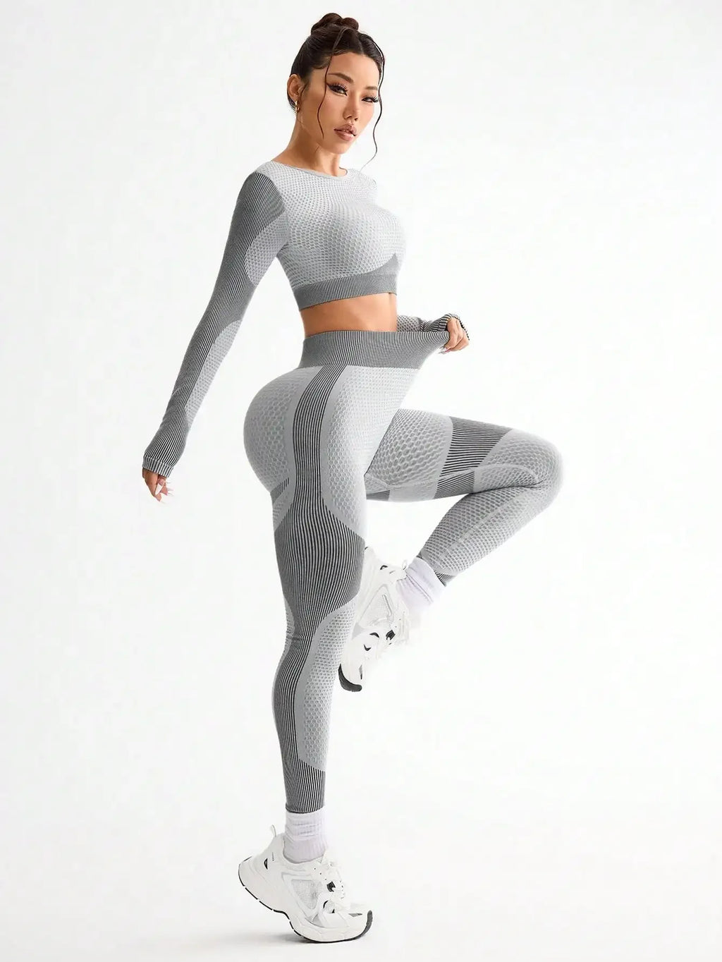 Polyester Striped Three-Quarter Sleeve Two-Piece Yoga Set